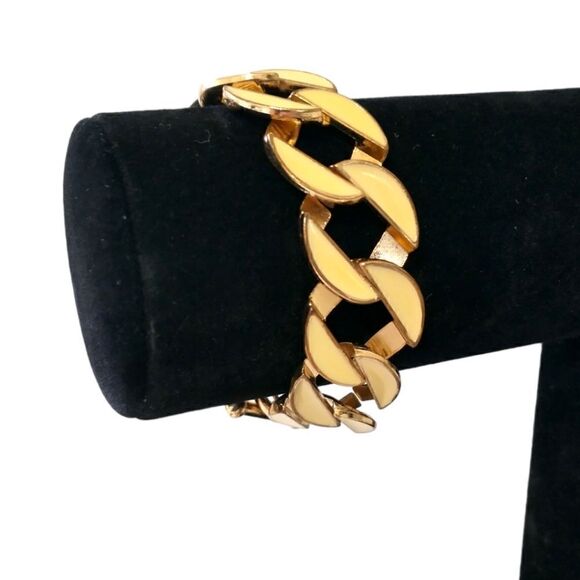 Vtg Enameled Bracelet Chunky Flat Chain Link Gold Tone Ivory Statement Classic. - Picture 5 of 16